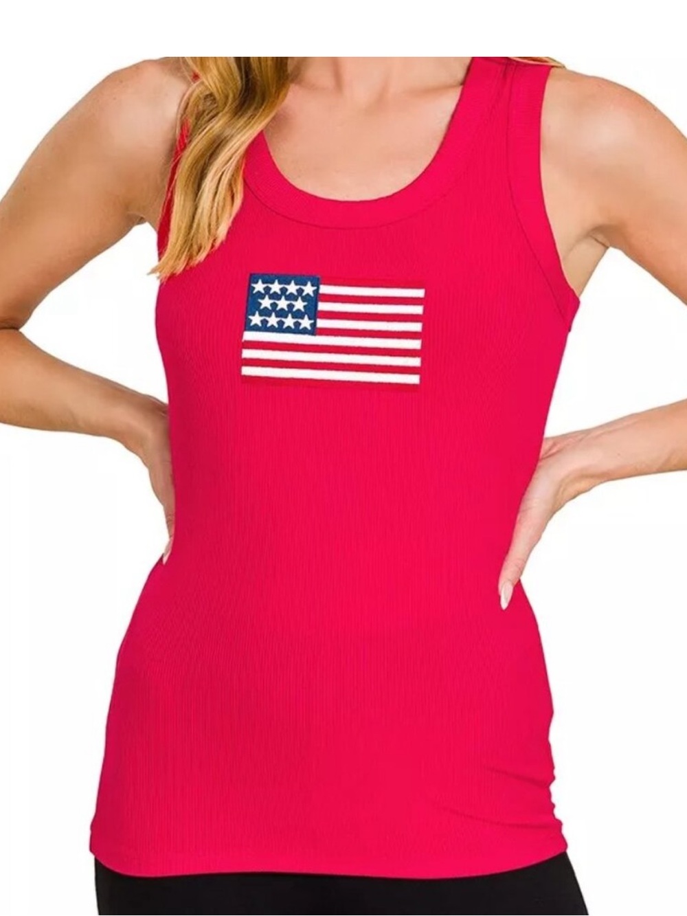 ZENANA RIBBED AMERICAN FLAG SCOOP NECK TANK TOP -‎ RED - NEW!